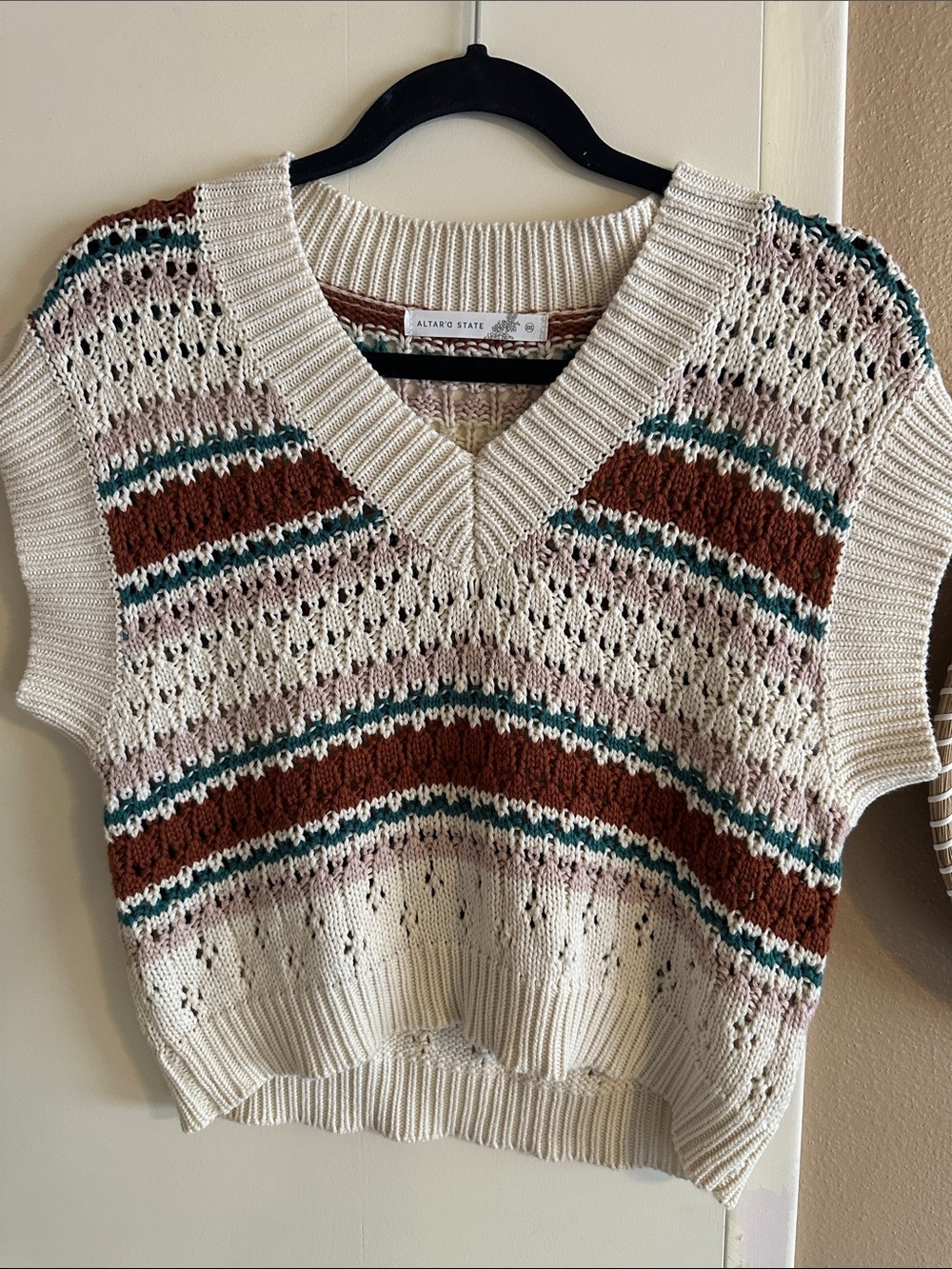 Altar'd State Cream Cable-Knit V-Neck Sweater Vest with Brown and Teal Stripes